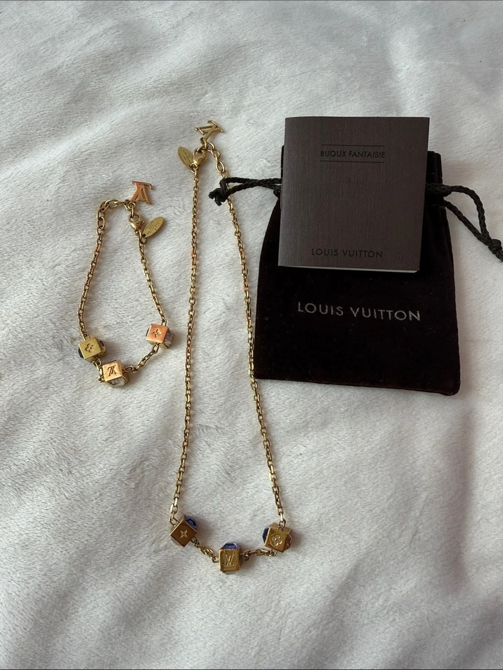 Louis Vuitton Collier Gamble Necklace and Bracelet Set with Crystal Cube Charms